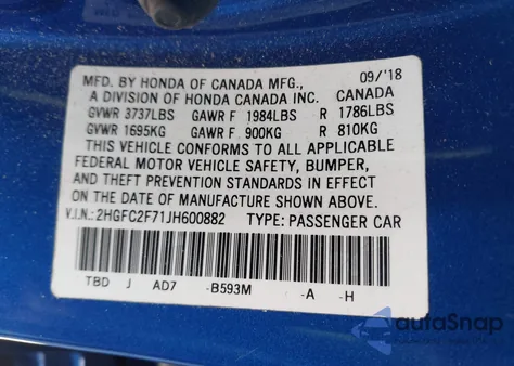 2018 Honda Civic Ex from USA, damaged, VIN 2HGFC2F71JH600882